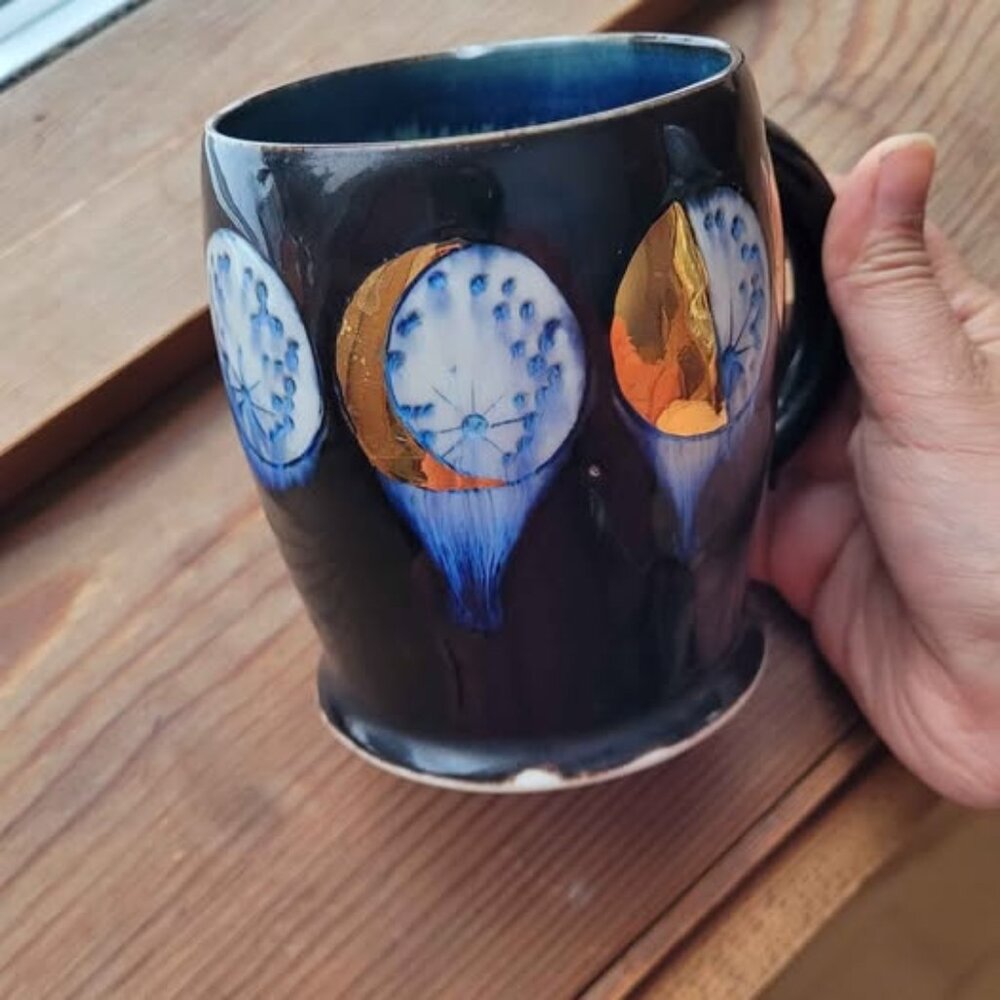 real GOLD moon phases Goddess mug by Katie Marks of silver lining ceramics